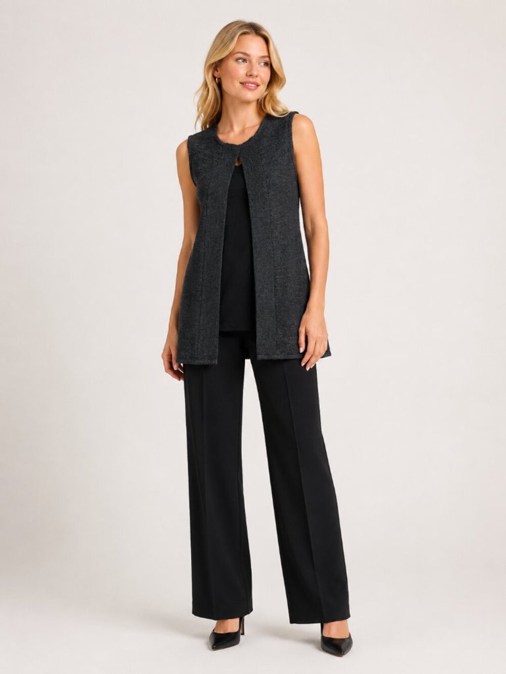 TAHARI Wool-Blend Longline Open Vest Cardigan Charcoal Small #A4304